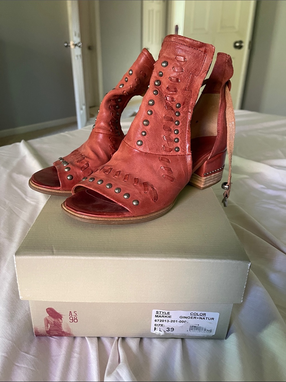 A.S.98 Coral Red Leather Studded Ankle Sandals EU 39